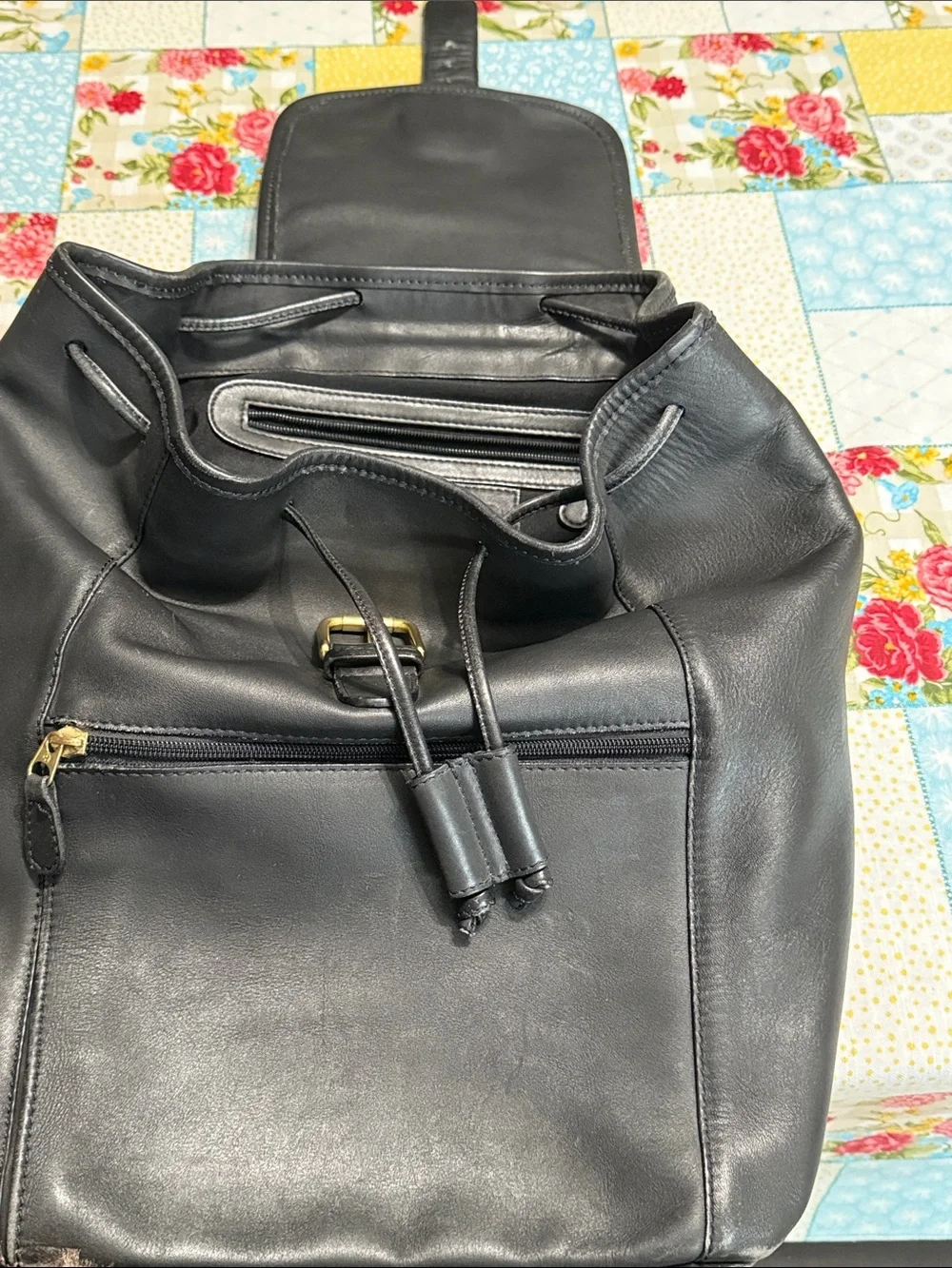 Coach Black Leather Backpack with Gold Buckle